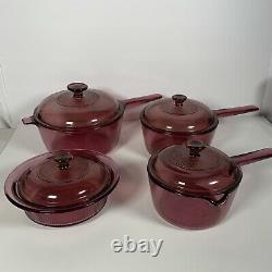 Vintage Vision Corning Pyrex Cookware Cranberry 8 Piece With Lid Saucepan Set