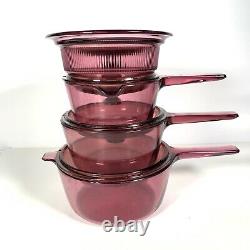 Vintage Vision Corning Pyrex Cookware Cranberry 8 Piece With Lid Saucepan Set