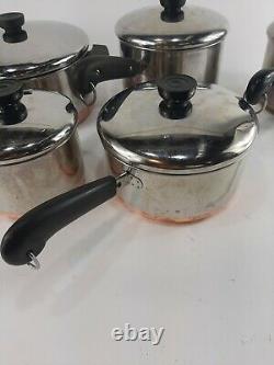 Vtg 10 Piece Lot Set Revere Ware Copper Bottom Cookware Pots Pans with Lids