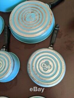 Vtg Club Turquoise Aqua Blue Aluminum 9 Piece Cookware Hard to Find Set