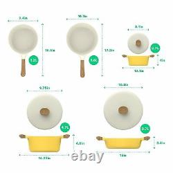Yellow Ceramic Cookware Nonstick Induction Pots & Pan Wood Style Handle 8 Pieces