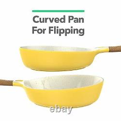 Yellow Ceramic Cookware Nonstick Induction Pots & Pan Wood Style Handle 8 Pieces