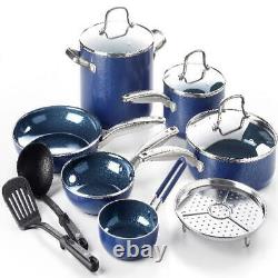 12-piece Céramique Antiadhésive Ustensiles De Cuisine Ensemble Couvercle Pans & Pots Home Kitchen Cooking Blue