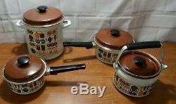 9 Piece Vintage Enamel Batterie De Cuisine Steamer 70 Pot Design Brown Fleurs Jaunes Ensemble