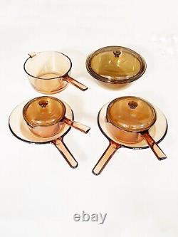 Ensemble de 9 pièces de batterie de cuisine Visions Corning Ware en verre transparent ambre.