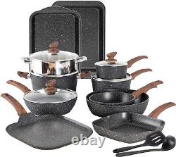 Ensemble de batterie de cuisine de 17 pièces, casseroles antiadhésives en granit noir et poêles de cuisine