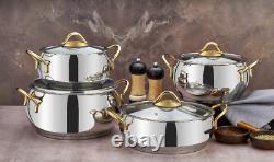 Ensemble de batterie de cuisine en acier inoxydable Evimsaray Sevval de 8 pièces (poignées dorées)