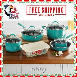 New Pioneer Woman Non Stick 10-piece Cookware Pan Pots Turquoise Kitchen Set