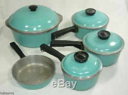 Vintage Club De Turquoise Aqua Bleu Aluminium 9 Piece Cookware Set 5 Pots / 4 Couvercles