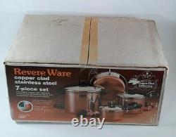 Vintage Revere Ware 7 Piece Set Copper Bottom Inoxydable. Open Box Nos. Rare Trouver
