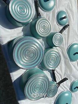 Vtg Du Club Turquoise Aqua Bleu Aluminium 14 Piece Cookware Set Difficile À Trouver